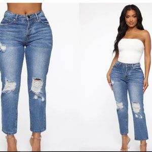 Distressed High Rise Jeans - Medium Blue Wash